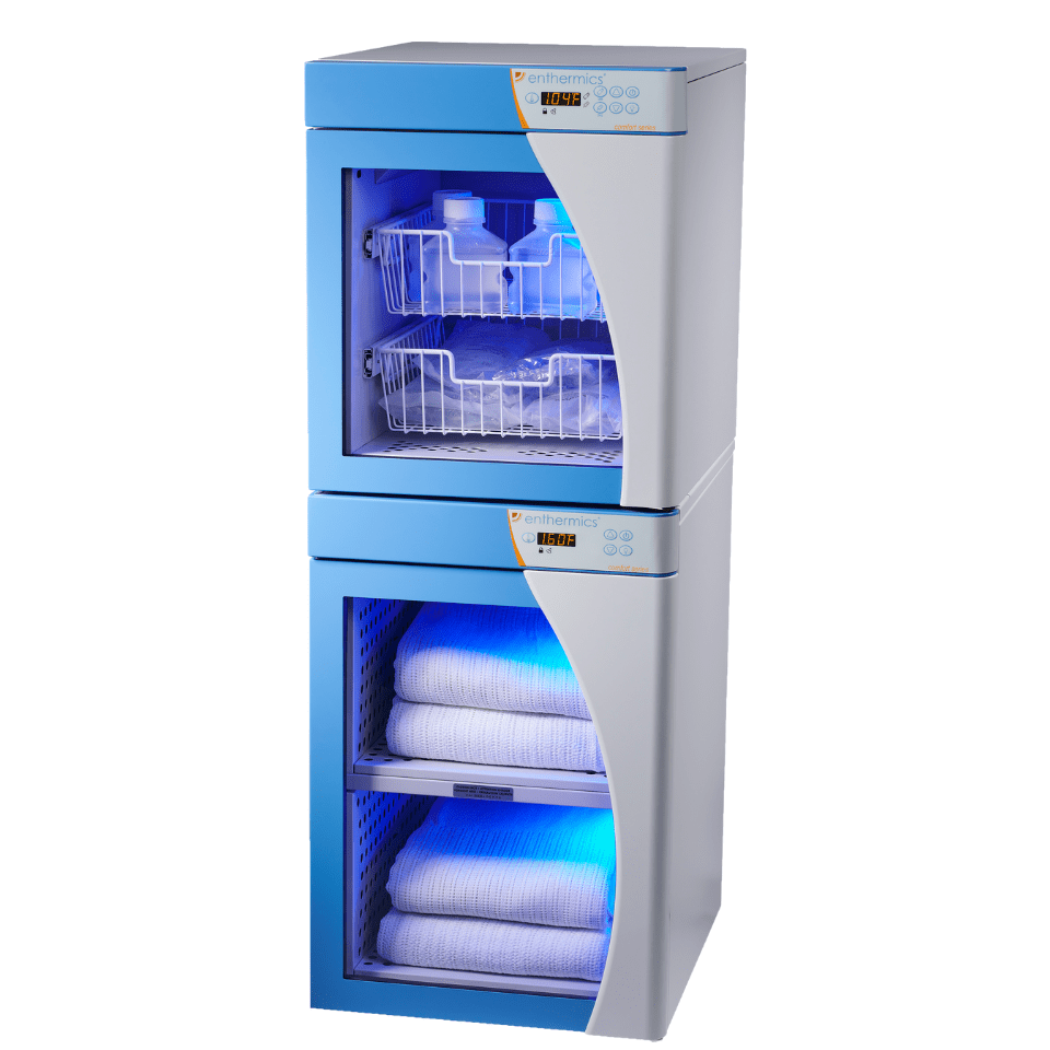 Blanket warmer, fluid warmer, dual cavity blanket and fluid warming cabinet